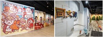 The mural paintings inside the venue (left) and the design decor at the entrance (right) embed ideas rooted from history and commercial activities of the district and nearby streets, injecting local characteristics to the venue.
