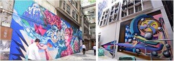 The URA rejuvenates the community landscape by creating mural painting on building walls at Hing Lung Street (left) and Gilman's Bazaar (right) respectively.
