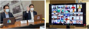The Adjudication Panel formed by TWGHs Chief Executive Mr Albert SU (right in the left photo) and URA Managing Director Ir WAI Chi-sing (left in the left photo) exchange views with the guests and students via web-conferencing programme on the Presentation Day (right photo).