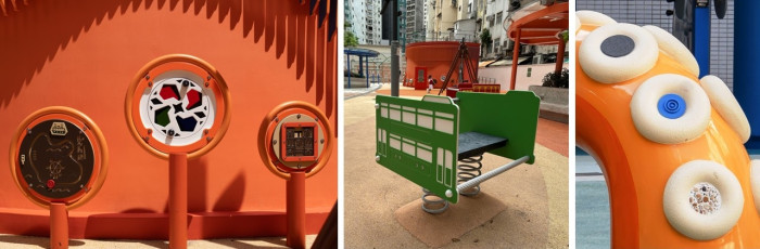 互動觸感牆內容有地區的地標建築（左圖）；電車搖搖椅取材自本地電車文化（中圖）；八爪魚觸角細節，結合不同材質設計，增強遊戲體驗與感官探索（右圖）。