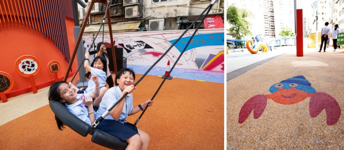 鞦韆成為了小朋友的至愛之一，防滑膠墊彩繪螃蟹呼應「城與海」主題。