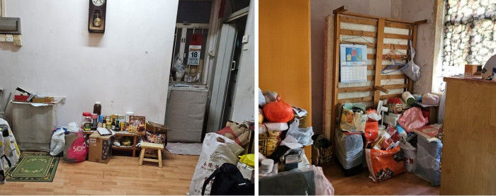 進行家居整理前，阿秀將日常用品及雜物散置於家中不同角落，不但顯得凌亂，亦暗藏絆倒的危險。