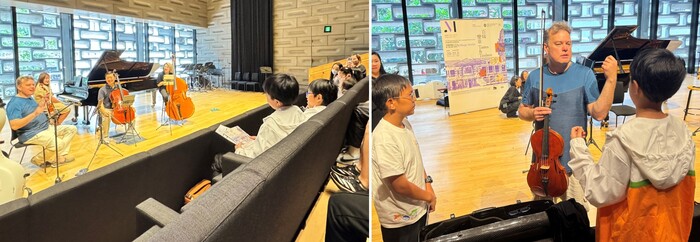 德賢與樂團團員把握機會向大提琴家李垂誼（左圖灰衣者）及中提琴家魯柏（藍衣者）請教，從兩位大師身上學到的不但是演奏技巧，更是對音樂的熱愛及堅持。